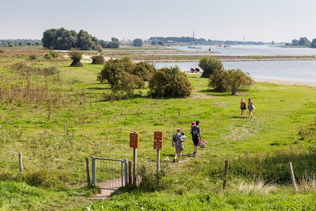 Wandelende mensen in de uiterwaarden bij een rivier